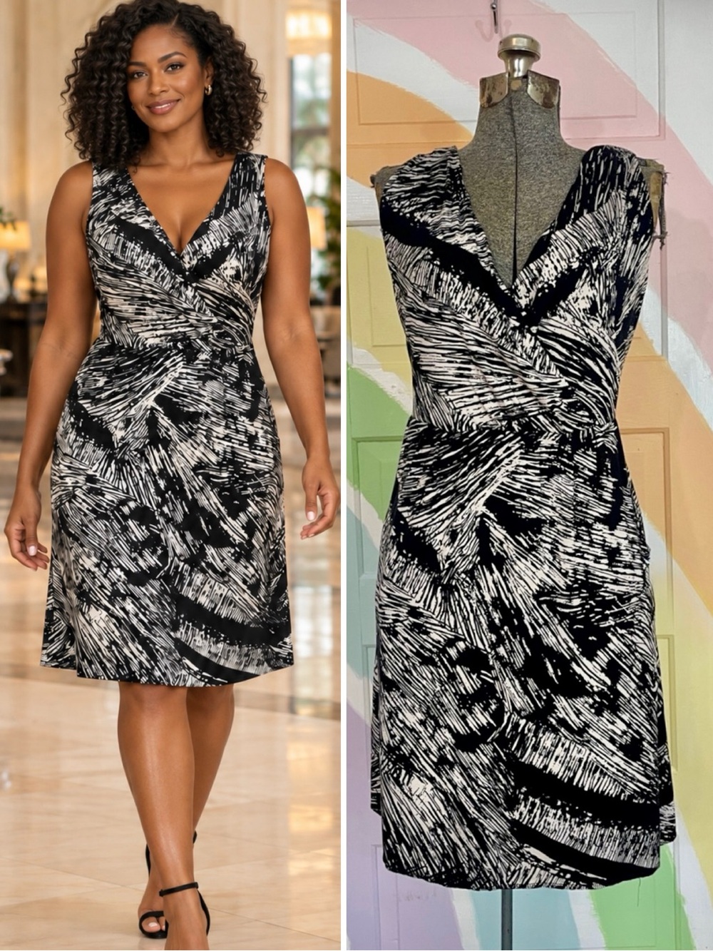 Garnet Hill Jersey Knit Surplice V-Neck Sleeveless Dress Black Ivory Print L 💚🎀